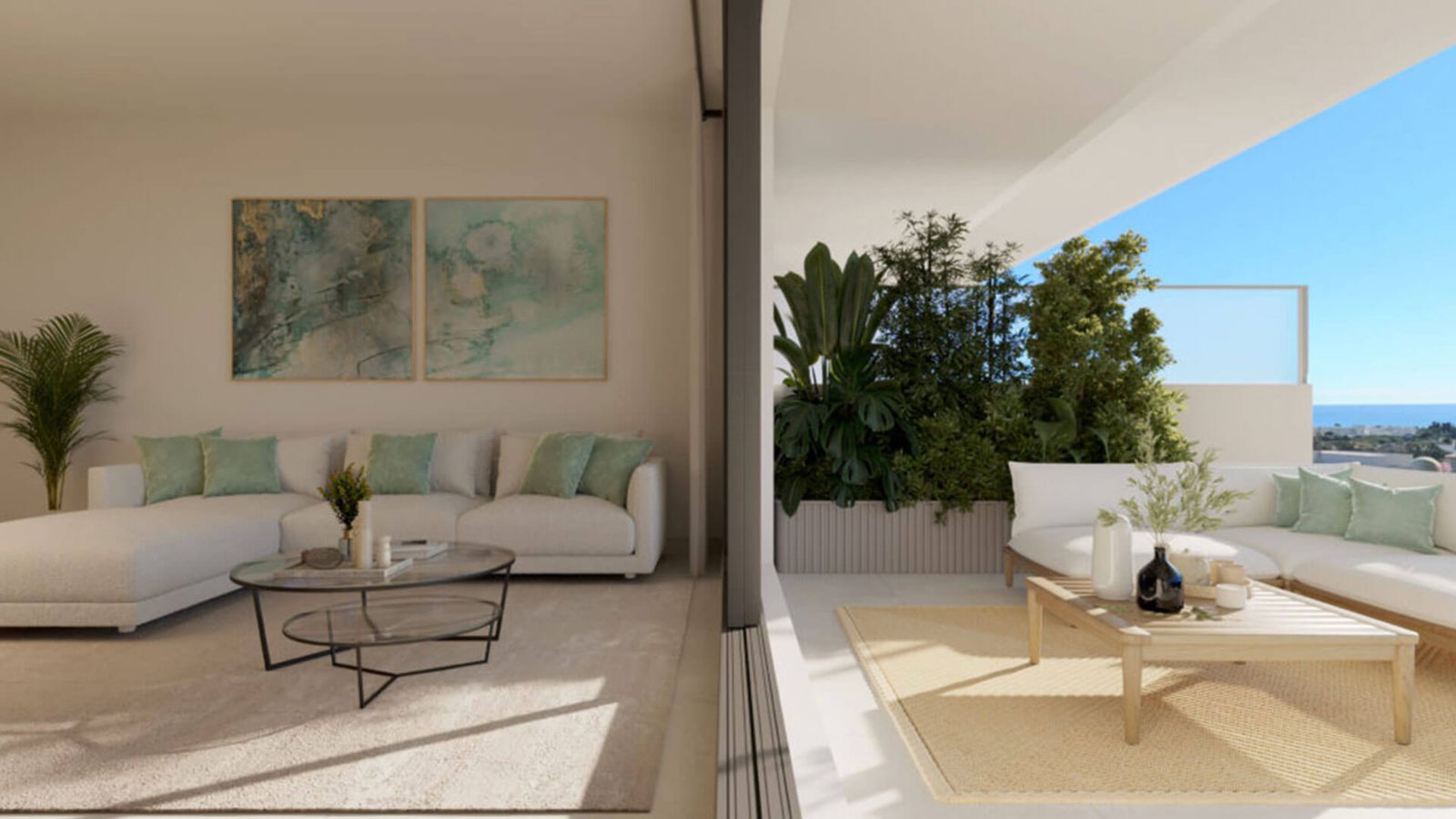 Luksuriøs stue som strekker seg til balkong med havutsikt.